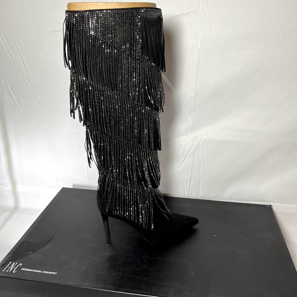 INC International Concepts Black Fringe Rhinestone Knee-High Stiletto Boots